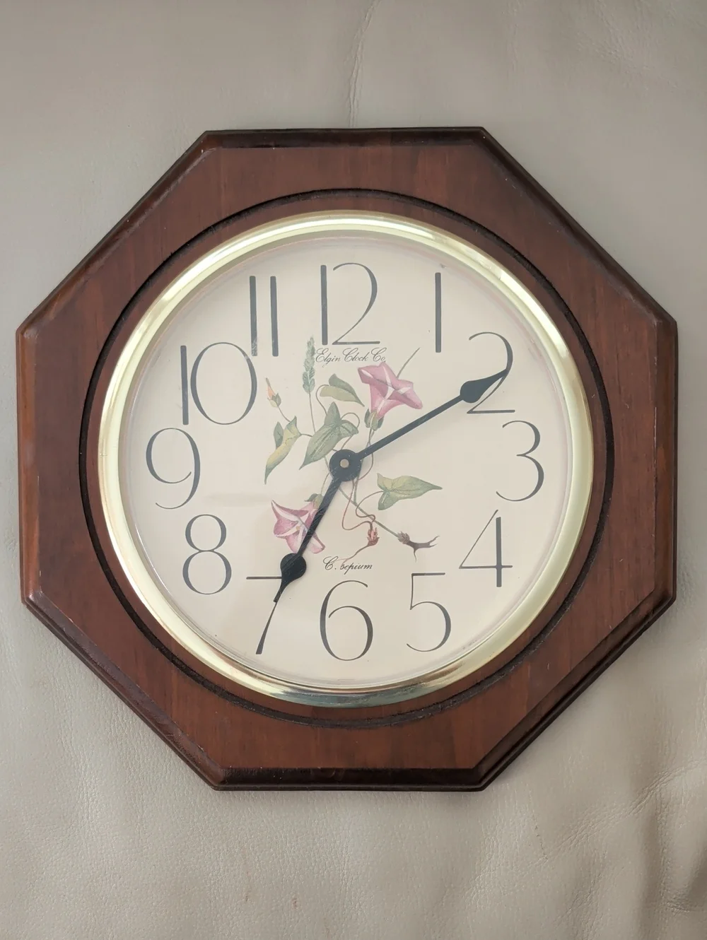 Vintage Elgin Floral Octagon Wall Clock - Brown Morning Glories